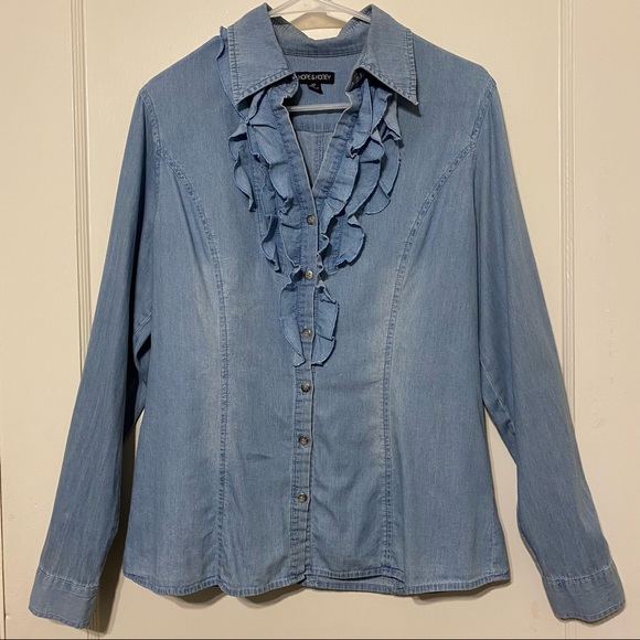Hope & Honey Tops - Hope & Honey Chambray Ruffle Front Button-Down Light Wash Shirt/Top size 12